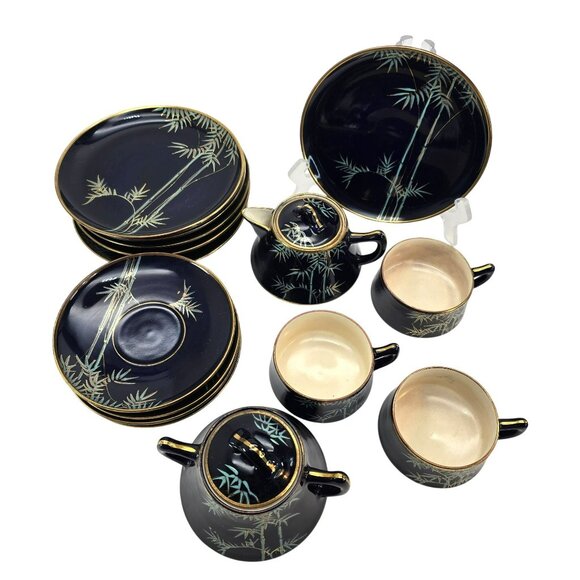 Soto Japanese Bamboo Pattern Tea Set Cobalt Blue Plates Cups & Saucers je133 - Picture 2 of 16